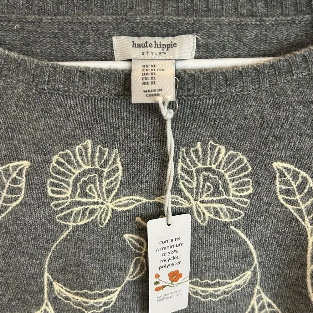 Haute Hippie Charcoal Sweater with Cream Floral Embroidered Design, NWT, Size XL - Picture 3 of 8